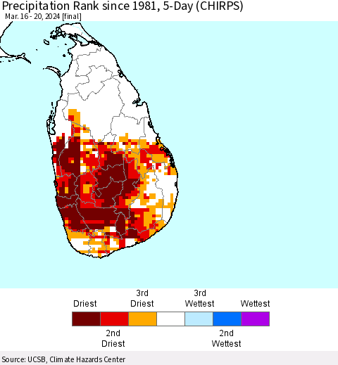 Sri Lanka Precipitation Rank since 1981, 5-Day (CHIRPS) Thematic Map For 3/16/2024 - 3/20/2024