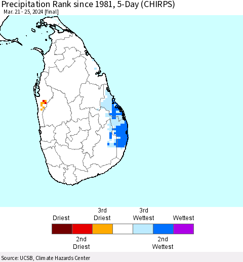 Sri Lanka Precipitation Rank since 1981, 5-Day (CHIRPS) Thematic Map For 3/21/2024 - 3/25/2024