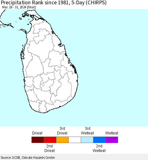 Sri Lanka Precipitation Rank since 1981, 5-Day (CHIRPS) Thematic Map For 3/26/2024 - 3/31/2024