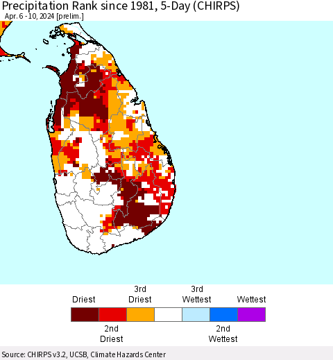 Sri Lanka Precipitation Rank since 1981, 5-Day (CHIRPS) Thematic Map For 4/6/2024 - 4/10/2024