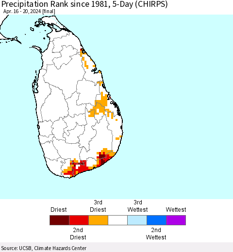 Sri Lanka Precipitation Rank since 1981, 5-Day (CHIRPS) Thematic Map For 4/16/2024 - 4/20/2024