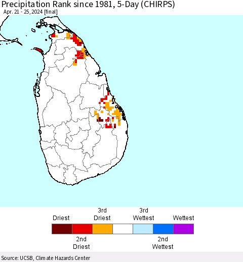 Sri Lanka Precipitation Rank since 1981, 5-Day (CHIRPS) Thematic Map For 4/21/2024 - 4/25/2024