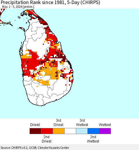 Sri Lanka Precipitation Rank since 1981, 5-Day (CHIRPS) Thematic Map For 5/1/2024 - 5/5/2024