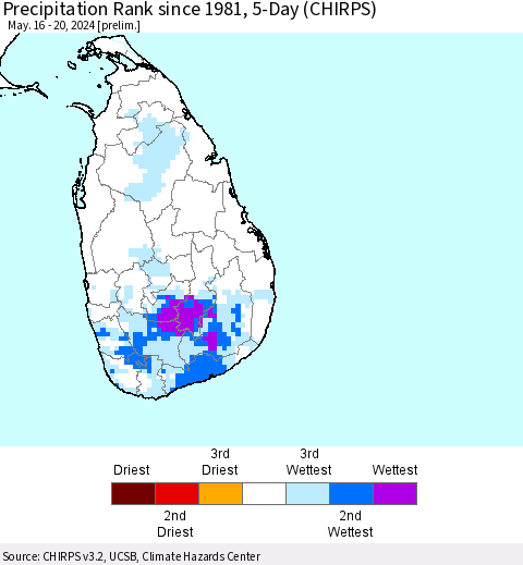 Sri Lanka Precipitation Rank since 1981, 5-Day (CHIRPS) Thematic Map For 5/16/2024 - 5/20/2024