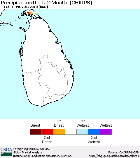 Sri Lanka Precipitation Rank since 1981, 2-Month (CHIRPS) Thematic Map For 2/1/2019 - 3/31/2019