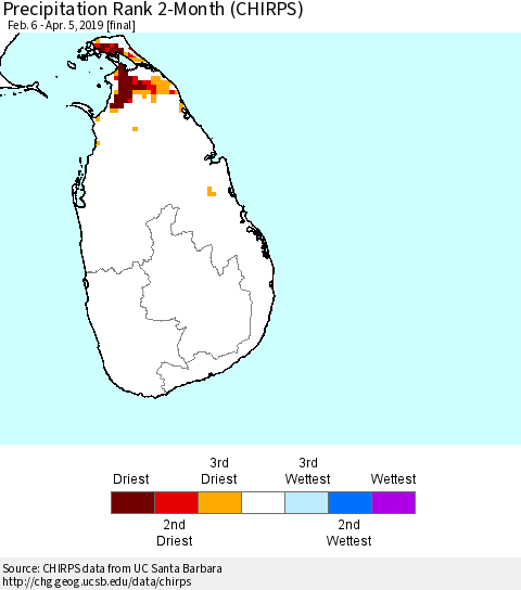 Sri Lanka Precipitation Rank since 1981, 2-Month (CHIRPS) Thematic Map For 2/6/2019 - 4/5/2019