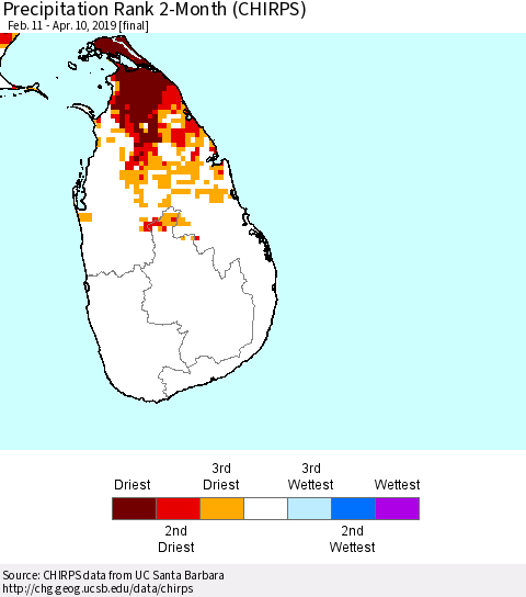 Sri Lanka Precipitation Rank since 1981, 2-Month (CHIRPS) Thematic Map For 2/11/2019 - 4/10/2019