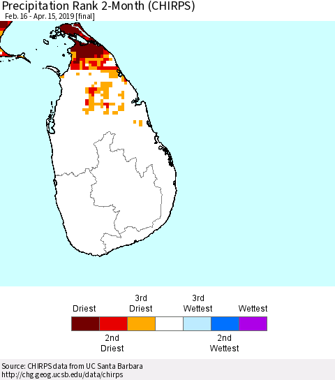 Sri Lanka Precipitation Rank since 1981, 2-Month (CHIRPS) Thematic Map For 2/16/2019 - 4/15/2019