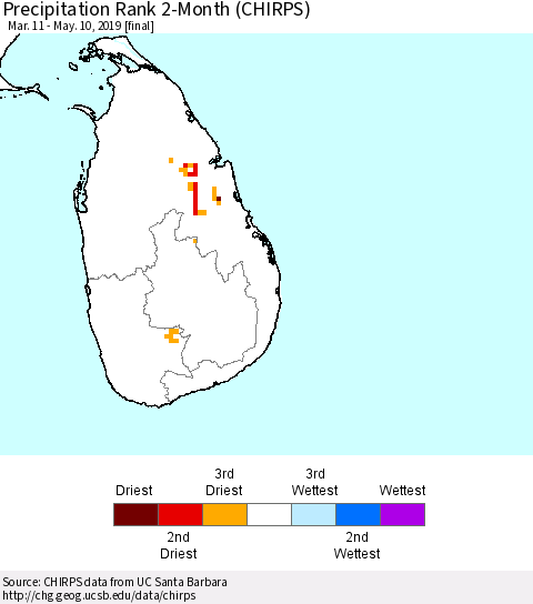 Sri Lanka Precipitation Rank since 1981, 2-Month (CHIRPS) Thematic Map For 3/11/2019 - 5/10/2019