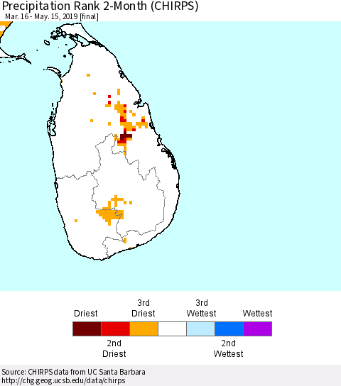Sri Lanka Precipitation Rank since 1981, 2-Month (CHIRPS) Thematic Map For 3/16/2019 - 5/15/2019