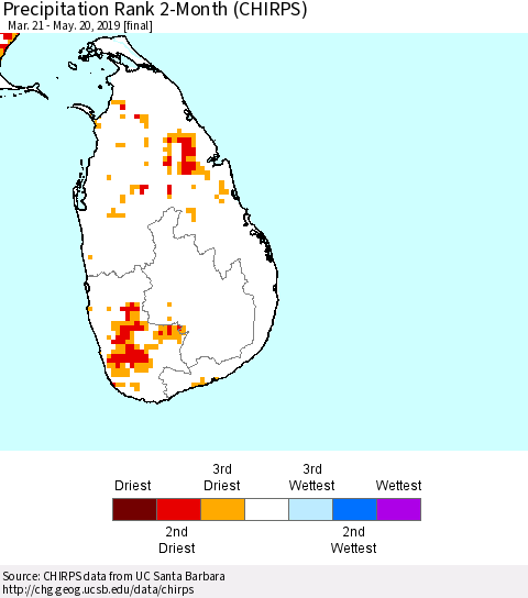 Sri Lanka Precipitation Rank since 1981, 2-Month (CHIRPS) Thematic Map For 3/21/2019 - 5/20/2019