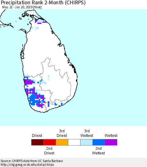 Sri Lanka Precipitation Rank 2-Month (CHIRPS) Thematic Map For 5/21/2019 - 7/20/2019