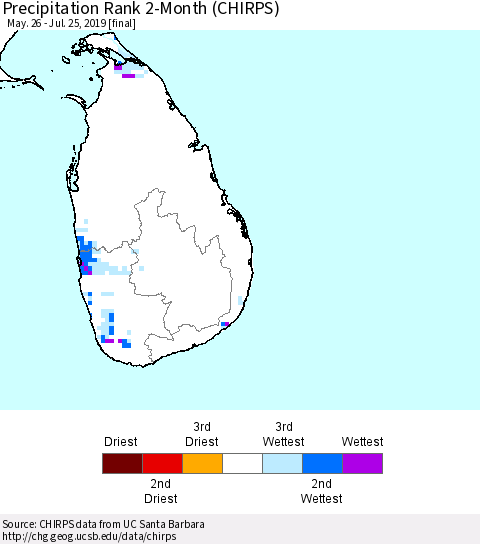 Sri Lanka Precipitation Rank since 1981, 2-Month (CHIRPS) Thematic Map For 5/26/2019 - 7/25/2019