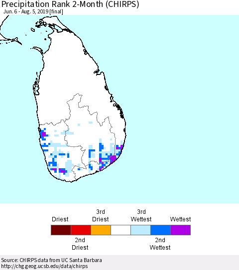 Sri Lanka Precipitation Rank 2-Month (CHIRPS) Thematic Map For 6/6/2019 - 8/5/2019
