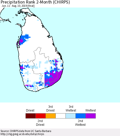 Sri Lanka Precipitation Rank 2-Month (CHIRPS) Thematic Map For 6/11/2019 - 8/10/2019