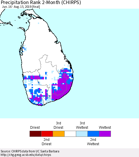 Sri Lanka Precipitation Rank 2-Month (CHIRPS) Thematic Map For 6/16/2019 - 8/15/2019