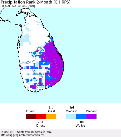 Sri Lanka Precipitation Rank 2-Month (CHIRPS) Thematic Map For 6/21/2019 - 8/20/2019