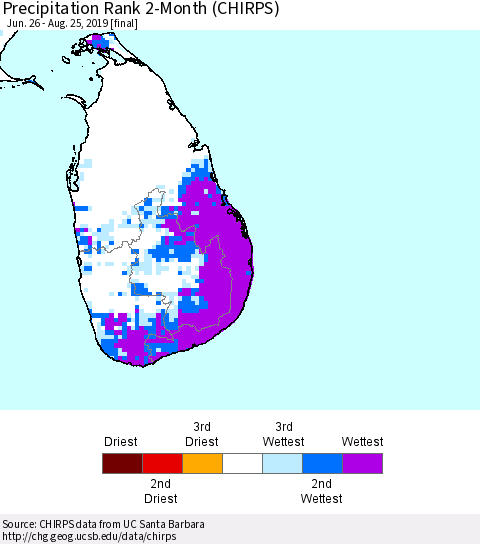 Sri Lanka Precipitation Rank 2-Month (CHIRPS) Thematic Map For 6/26/2019 - 8/25/2019