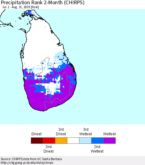 Sri Lanka Precipitation Rank 2-Month (CHIRPS) Thematic Map For 7/1/2019 - 8/31/2019
