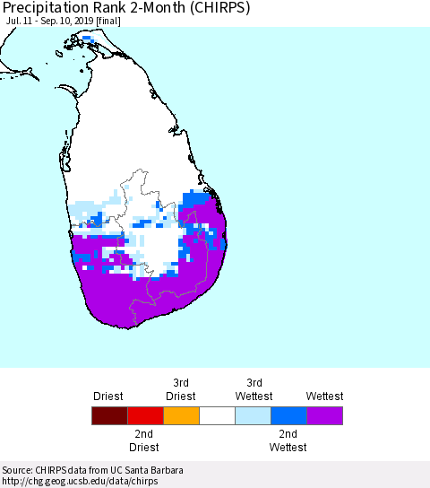 Sri Lanka Precipitation Rank since 1981, 2-Month (CHIRPS) Thematic Map For 7/11/2019 - 9/10/2019