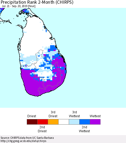 Sri Lanka Precipitation Rank 2-Month (CHIRPS) Thematic Map For 7/21/2019 - 9/20/2019