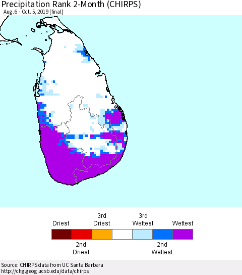 Sri Lanka Precipitation Rank since 1981, 2-Month (CHIRPS) Thematic Map For 8/6/2019 - 10/5/2019