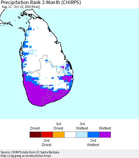 Sri Lanka Precipitation Rank since 1981, 2-Month (CHIRPS) Thematic Map For 8/11/2019 - 10/10/2019