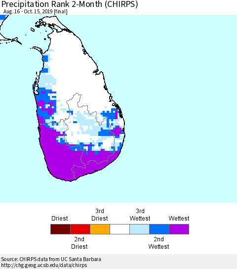 Sri Lanka Precipitation Rank 2-Month (CHIRPS) Thematic Map For 8/16/2019 - 10/15/2019