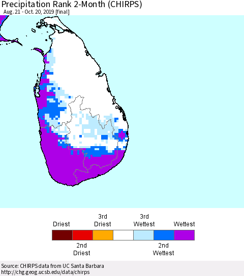 Sri Lanka Precipitation Rank 2-Month (CHIRPS) Thematic Map For 8/21/2019 - 10/20/2019