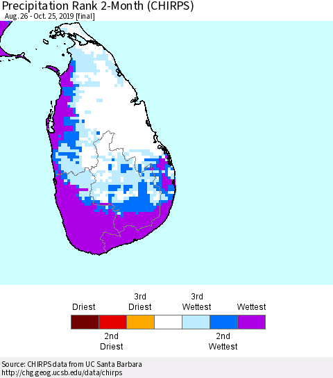 Sri Lanka Precipitation Rank since 1981, 2-Month (CHIRPS) Thematic Map For 8/26/2019 - 10/25/2019