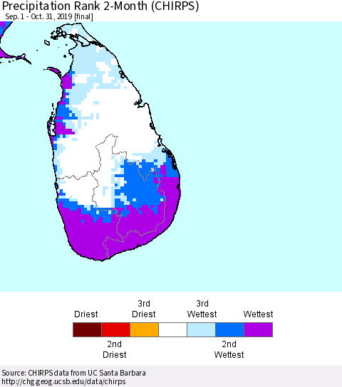 Sri Lanka Precipitation Rank since 1981, 2-Month (CHIRPS) Thematic Map For 9/1/2019 - 10/31/2019