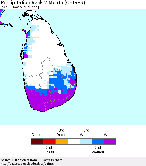 Sri Lanka Precipitation Rank 2-Month (CHIRPS) Thematic Map For 9/6/2019 - 11/5/2019