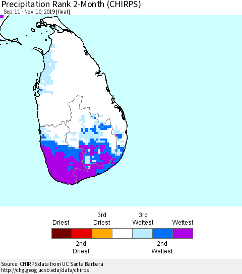 Sri Lanka Precipitation Rank since 1981, 2-Month (CHIRPS) Thematic Map For 9/11/2019 - 11/10/2019