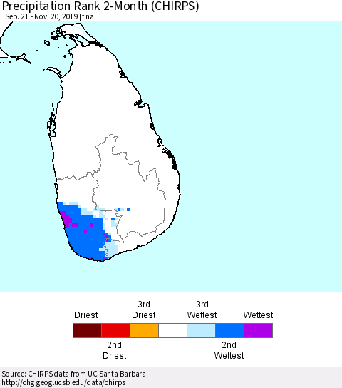 Sri Lanka Precipitation Rank since 1981, 2-Month (CHIRPS) Thematic Map For 9/21/2019 - 11/20/2019