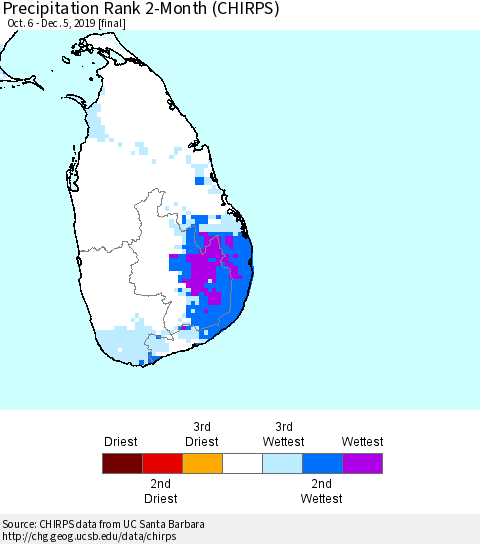 Sri Lanka Precipitation Rank since 1981, 2-Month (CHIRPS) Thematic Map For 10/6/2019 - 12/5/2019