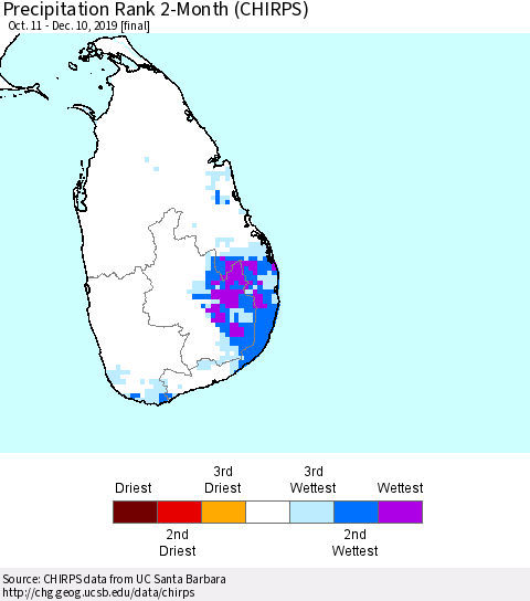 Sri Lanka Precipitation Rank since 1981, 2-Month (CHIRPS) Thematic Map For 10/11/2019 - 12/10/2019