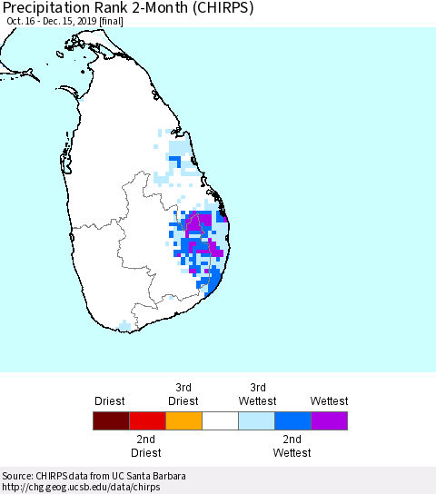 Sri Lanka Precipitation Rank since 1981, 2-Month (CHIRPS) Thematic Map For 10/16/2019 - 12/15/2019