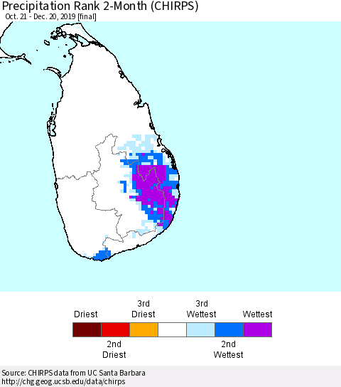 Sri Lanka Precipitation Rank since 1981, 2-Month (CHIRPS) Thematic Map For 10/21/2019 - 12/20/2019