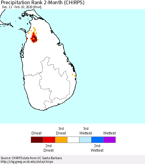 Sri Lanka Precipitation Rank since 1981, 2-Month (CHIRPS) Thematic Map For 12/11/2019 - 2/10/2020