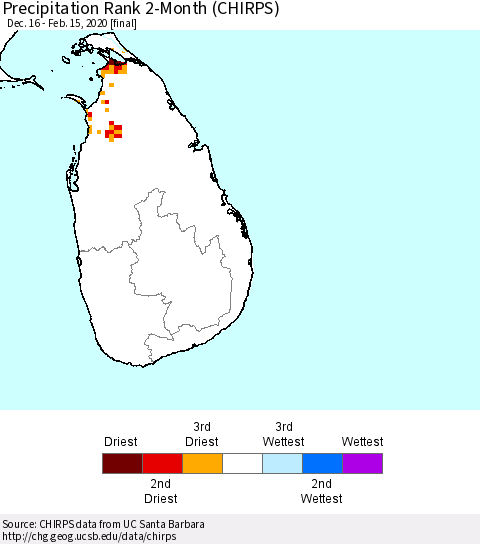 Sri Lanka Precipitation Rank since 1981, 2-Month (CHIRPS) Thematic Map For 12/16/2019 - 2/15/2020