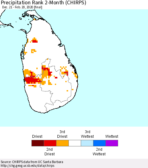 Sri Lanka Precipitation Rank since 1981, 2-Month (CHIRPS) Thematic Map For 12/21/2019 - 2/20/2020