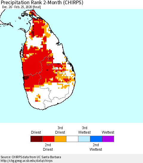 Sri Lanka Precipitation Rank since 1981, 2-Month (CHIRPS) Thematic Map For 12/26/2019 - 2/25/2020