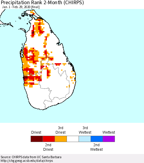 Sri Lanka Precipitation Rank since 1981, 2-Month (CHIRPS) Thematic Map For 1/1/2020 - 2/29/2020