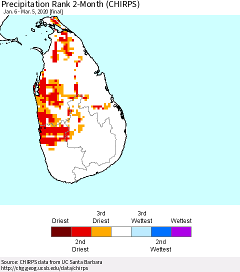 Sri Lanka Precipitation Rank since 1981, 2-Month (CHIRPS) Thematic Map For 1/6/2020 - 3/5/2020