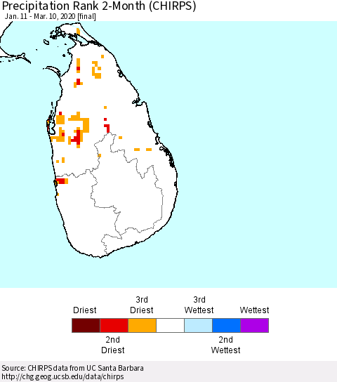 Sri Lanka Precipitation Rank since 1981, 2-Month (CHIRPS) Thematic Map For 1/11/2020 - 3/10/2020