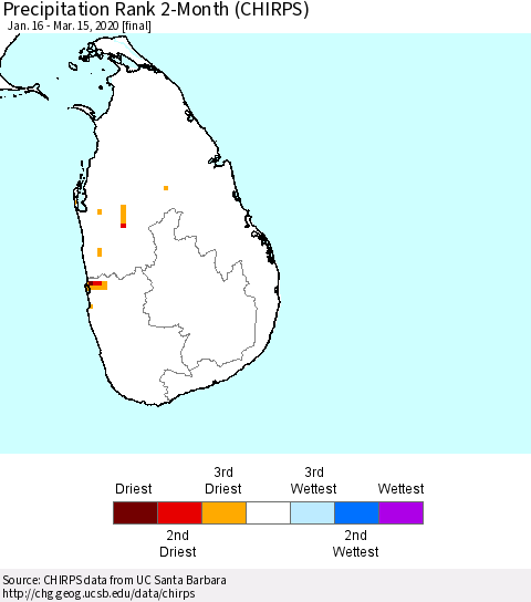 Sri Lanka Precipitation Rank since 1981, 2-Month (CHIRPS) Thematic Map For 1/16/2020 - 3/15/2020