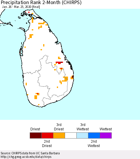 Sri Lanka Precipitation Rank since 1981, 2-Month (CHIRPS) Thematic Map For 1/26/2020 - 3/25/2020