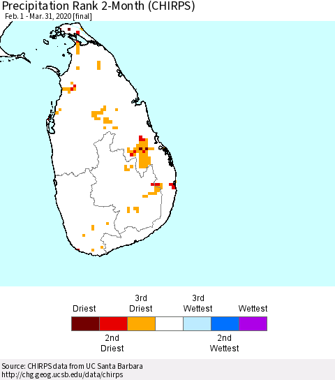 Sri Lanka Precipitation Rank since 1981, 2-Month (CHIRPS) Thematic Map For 2/1/2020 - 3/31/2020