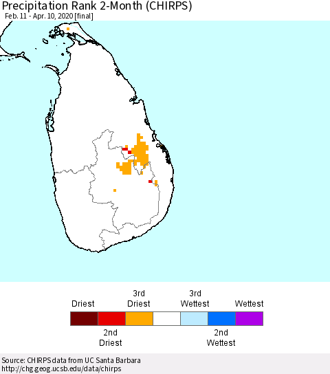Sri Lanka Precipitation Rank 2-Month (CHIRPS) Thematic Map For 2/11/2020 - 4/10/2020