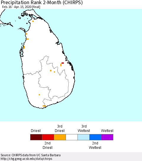 Sri Lanka Precipitation Rank 2-Month (CHIRPS) Thematic Map For 2/16/2020 - 4/15/2020